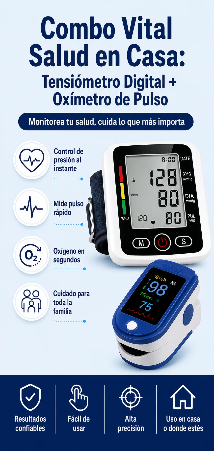 Combo Vital Salud en Casa — tensiómetro digital + oxímetro de pulso